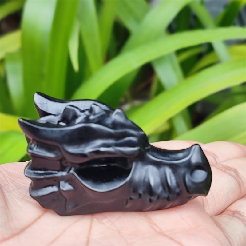 TEAMWILL 2" Natural Obsidian Crystal Dragon Head Statue Realistic Black