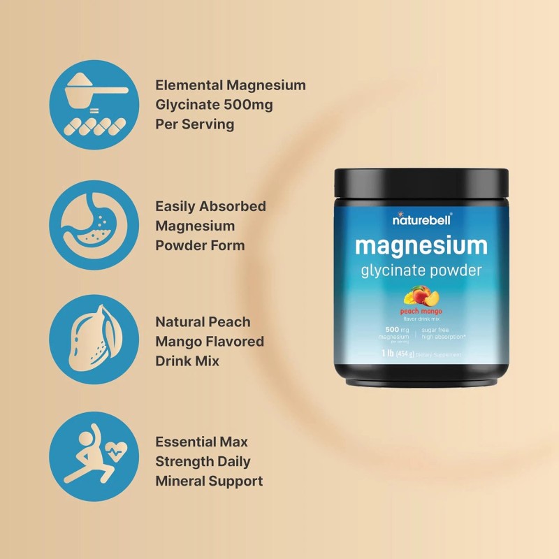Naturebell Magnesium Glycinate Powder 500Mg, 1Lb Peach Mango Flavor