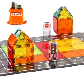 VEVOR Magnetic Tiles, 56 PCS Magnetic Road Building Blocks for Kids, Magnet Building Set with Storage Bag, STEM Sensory Educational City Construction Stacking Toys Gift for Toddlers Boys Girls Aged 3+