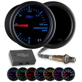 GlowShift Tinted 7 Color Analog E85 Wideband Air/Fuel Ratio AFR Gauge - Includes Oxygen Sensor, Data Logging Output & Weld-in Bung - Black Dial - Smoked Lens - 2-1/16" 52mm