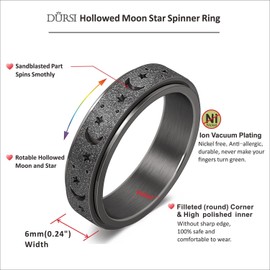 DURSI Women’s Moon and Star Spinner Fidget Rotate Ring for Anxiety Stainless Steel Worry Rotating Ring Toy (Black, 10)