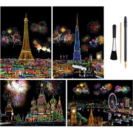 Rainbow Scratch Art Painting Paper (A4) for Kids & Adult, Night View Scratchboard, Engraving Art Set: 4 Sheets Scratch Cards & Drawing Pen, Clean Brush (Eiffel Tower / Big Ben / Burj Khalifa / Moscow)