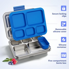 Pawtong Stainless Steel Lunch Box, 5-Compartment Bento Lunch Box for Kids & Adults,Metal Lunch Box with Removable Silicone Container, Lunch Box Containers for School,Office (Blue)