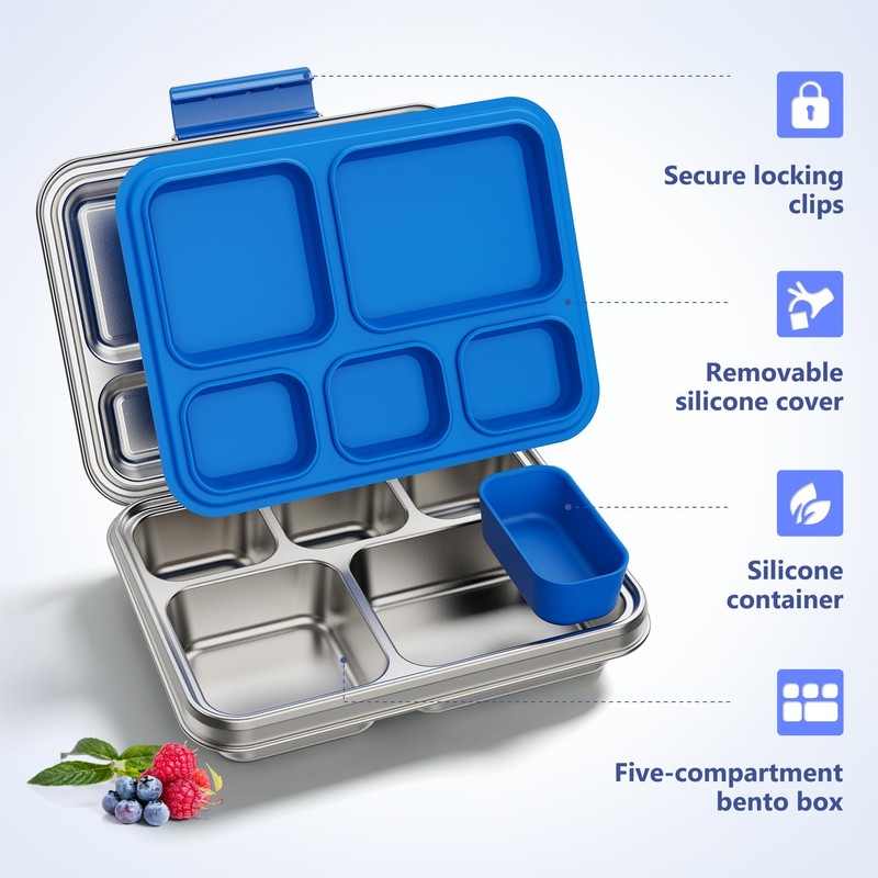 Pawtong Stainless Steel Lunch Box, 5-Compartment Bento Lunch Box for