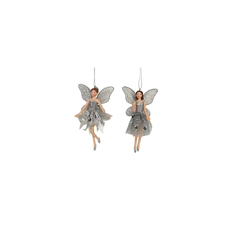Gisela Graham Set of 2 Silver Fairy Christmas Tree Decorations