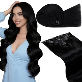 LaaVoo Black Clip in Hair Extensions Black Hair Extensions Clip in Jet Black Human Hair Clip ins Extension Silky Straight Full Head 18 Inch 7pcs 105g