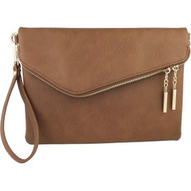 B BRENTANO Fold-Over Envelope Wristlet Clutch Crossbody Bag (Tan)