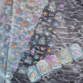 1 Sheets Summer Ocean Nail Decals for Nail Art Embossed Shell Starfish Nail Stickers 5D Self-Adhesive Dolphin Seahorse Jellyfish Nail Art Stickers Marine Life Nail Supplies for Women Manicure Decor