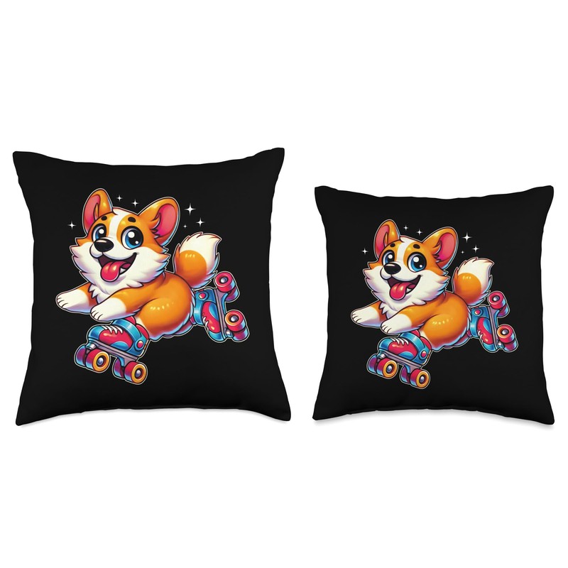 Funny Dog Retro Skate Cute Corgi Roller Skating Throw Pillow