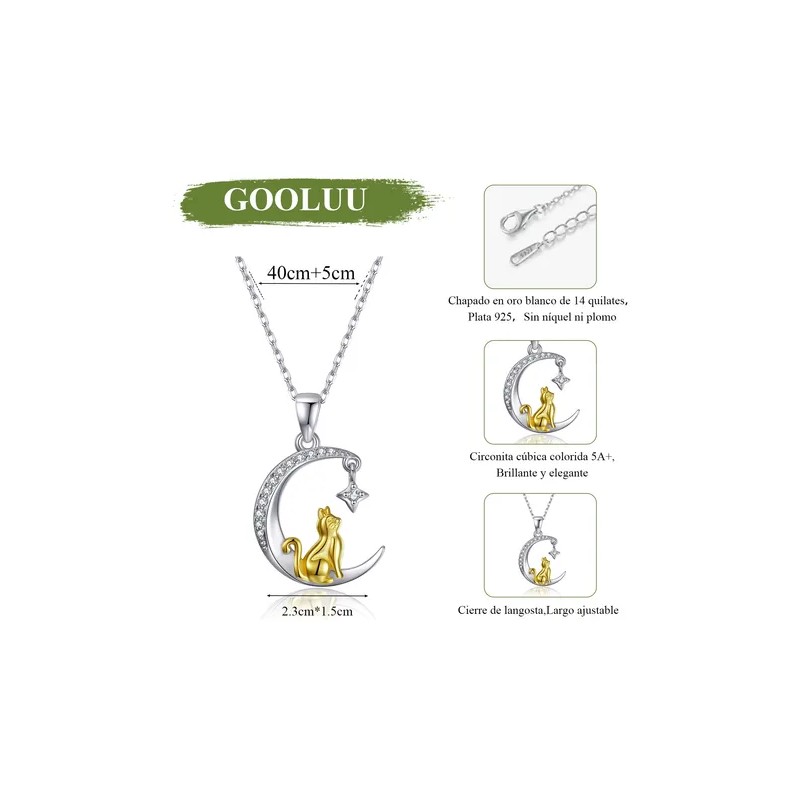 Collar de Plata 925 con Dije de Gato y Luna