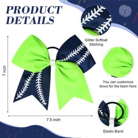 DEEKA 12 PCS Softball Cheer Bows with 2 Glitter Stitching Two Toned Cheerleader Team Bows Elastic Band for Softball Sports Girls (Acid Green/Navy Blue+White Stitching)