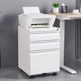 LUCYPAL 3 Drawer File Cabinet with Lock,Metal Filing Cabinet with Wheels for Legal/Letter Size,Small Filing Cabinets for Home Office,Under Desk Cabinets,White