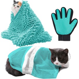 Extra Large Absorbent Cat Drying Towel with Hand Pockets and Bonus Hair Removal Gloves