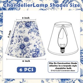 VIHOSE Chandelier Shades Small Chinoiserie Lamp Shade French Countryside Toile Clip Bulbs Lampshade 3 x 6 x 5 Inch Lamp Chimney Cover for Chandelier Farmhouse(6 Pcs,Blue Floral)