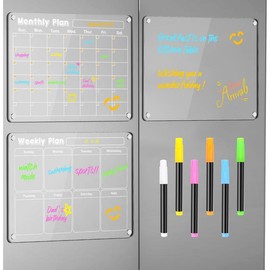 4Pcs Fridge Calendars 2025 Acrylic Magnetic Calendar for Refrigerator Fridge White Board Calendar Chalk Dry Erase Calendars Magnets Chalkboard Monthly Weekly Planner with 6 Highlight Markers:_MTH+WK+MEMO