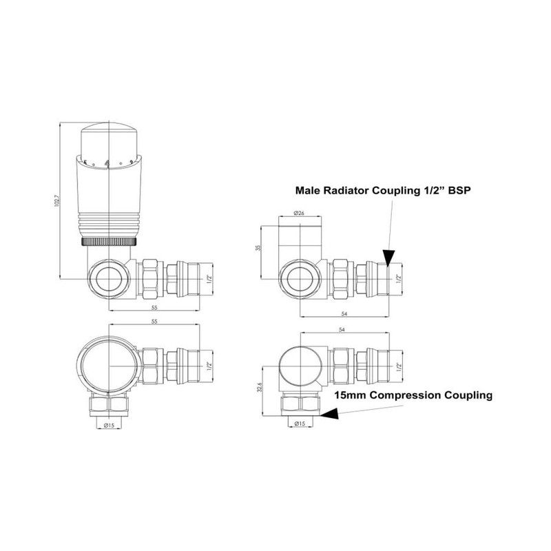 Thermostatic Radiator Valve Corner TRV – Zeta (Antique Brass)