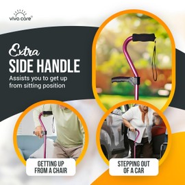 VIVA CARE Walking Cane with 4 Prongs & Extra Handle – Adjustable, Balance & Stability for Seniors and Injured. [Pink]