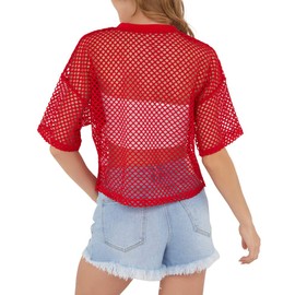 Women's Mesh Net See Through Fishnet T-Shirt Crop Top (Medium, red)