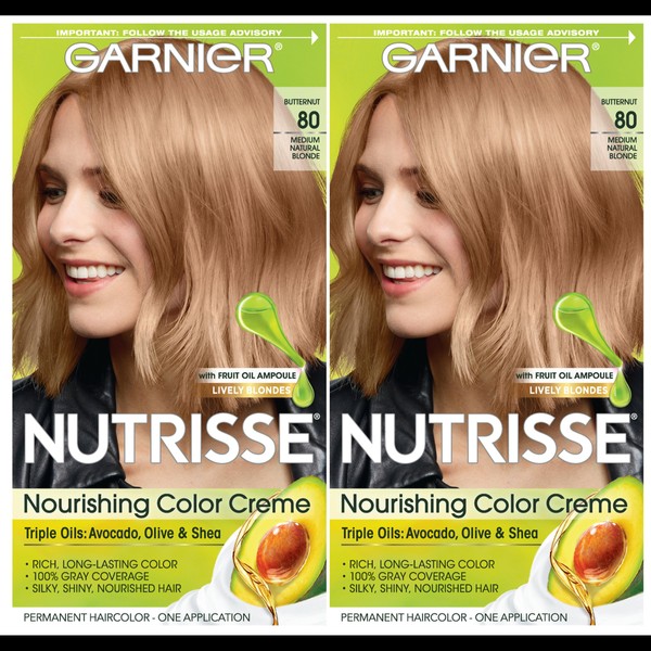 Garnier Hair Color Nutrisse Nourishing Creme, 80 Medium Natural Blonde (Butternut), 2 Count