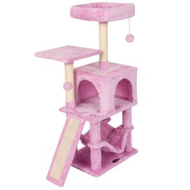 MIAO PAW Pink Cute Cat Tree for Indoor Cat Tower with Scratching Post Modern Activity House Hammock Hanging Ball Condo with Board