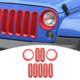 PDKLIN for Jeep JK Front Grille Inserts & Headlight Cover Trim Ring for Jeep Wrangler JK JKU 2007-2017 Red Exterior Accessories 9pcs