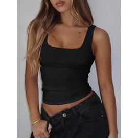 REORIA Women's Square Neck Tank Top Sleeveless Double Lined Basic Crop Tops Summer Going Out Outfits Black Small