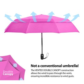 Windproof Travel Umbrellas for Rain - Lightweight, Strong, Compact with & Easy Auto Open/Close Button for Single Hand Use - Double Vented Canopy for Men & Women - Pink