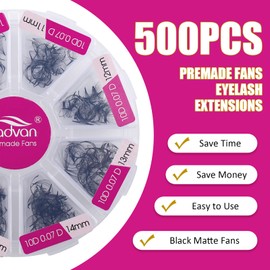 500 Premade Fans Eyelash Extensions Mixed Tray 9-16mm 10D Premade Volume Eyelash Extensions 0.07mm Thickness Premade Lash Fans Handmade Loose Volume Lashes (10D-0.07D,9-16mm) SM1
