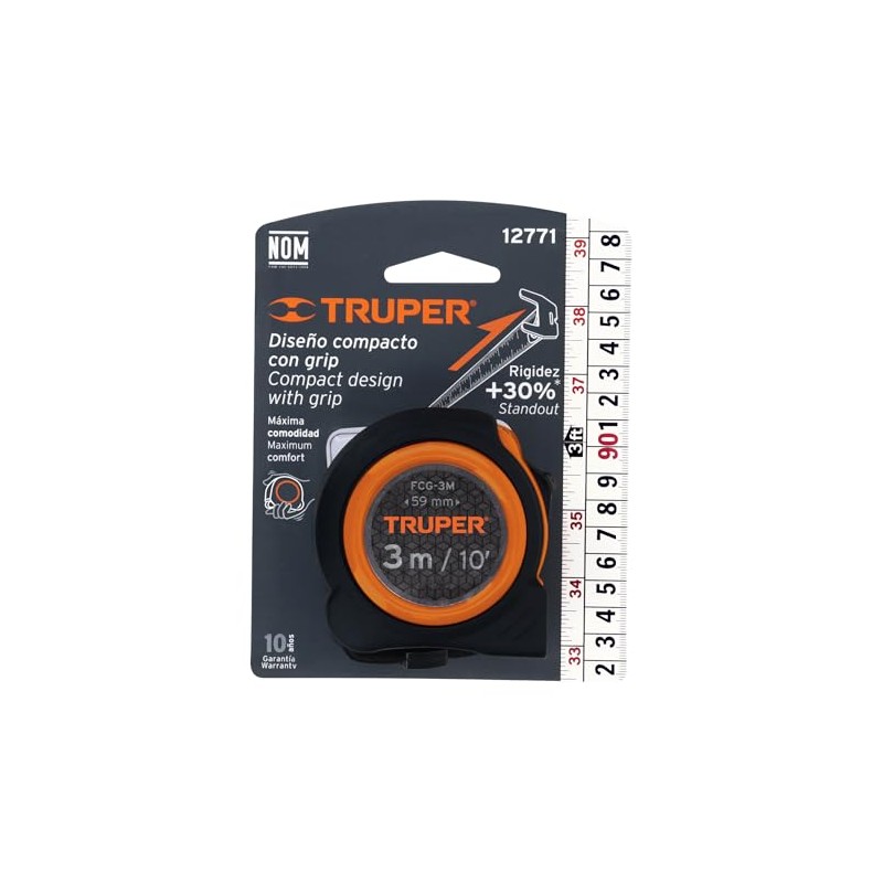 Truper FCG-3M, Flexómetro compacto contra impactos 3 m cinta 16