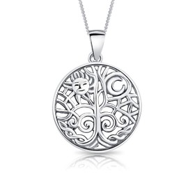 DTPsilver® 925 Sterling Silver, Yellow Gold-Plated or Rose Gold Plated Necklace - Tree of Life Sun and Moon Symbol Pendant - With or without Chain - Width: 1.2 mm - Adjustable Length: 40 to 45 cm,