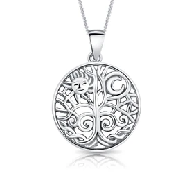 DTPsilver® 925 Sterling Silver, Yellow Gold-Plated or Rose Gold Plated Necklace - Tree of Life Sun and Moon Symbol Pendant - With or without Chain - Width: 1.2 mm - Adjustable Length: 40 to 45 cm,