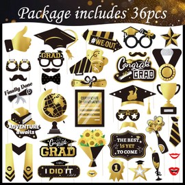 2025 Graduation Photo Booth Props 36Pcs Black Gold Graduation Photo Props Class of 2025 Grad Decor with Sticks Funny Graduation Party Selfie Props for Women Men Graduation Party Favors Supplies