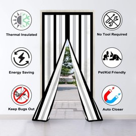 Magnetic Insulated Door Curtain, Thermal Door Cover Screen Door Self-Closing Privacy Magnetic Screen Door Hands Free for Patio, Kitchen, Bedroom, Air Conditioner Room, Fits Doors up to 38" x 82",Black