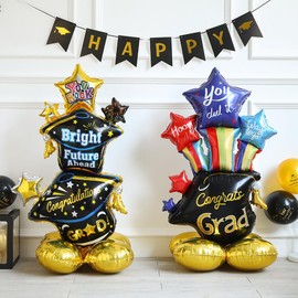 Graduation Party Decorations, 20Pcs Gold Black Graduation Balloons Kit with Banners Grad Cap Photo Frame Balloons, Standing Large Congrats Grad Balloons Class of 2025 Celebration Supplies
