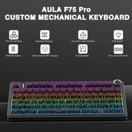 AULA F75 Pro Wireless Mechanical Keyboard with Knob,75% Hot Swappable Custom Gaming Keyboards,RGB Backlit,Pre-lubed Switches,Side Printed PBT Keycaps Creamy Sounding Computer Keyboard, Line Black
