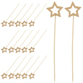 Kichvoe 50Pcs Cocktail Picks: Gold Star Bamboo Fruit Picks 5.5 Inch Wooden Toothpicks Skewers for Appetizers Fruits Drink Garnish