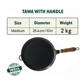 MYNAKSHA Iron Tawa for Dosa,Roti Chapati, Flat Surface Iron Tava with Wooden Handle, 10 Inch, 2 Kg, Black Hand made