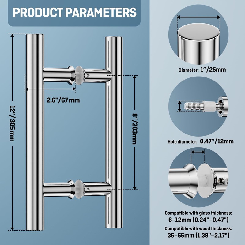 Ranbo Chrome 8" (CTC) Back to Back Shower Door Handle,
