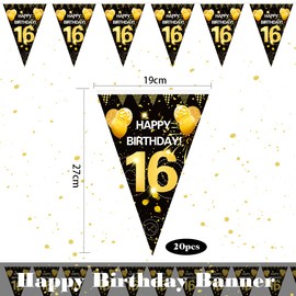 16th Birthday Garland Banner, 16th Birthday Black Gold Pennant Banner, 16th Birthday Bunting Garland, 16 Years for 16th Birthday Hanging Bunting, 16th Birthday Decoration Bunting for Girls Boys