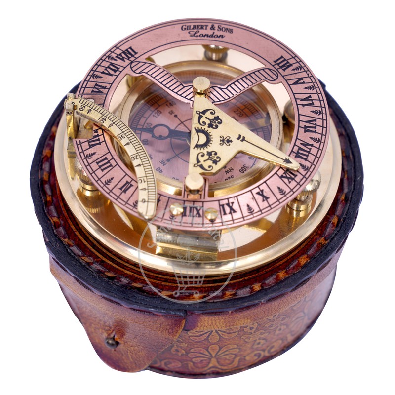 Antique Brass & Copper Sundial Compass, Sundial Clock in Box