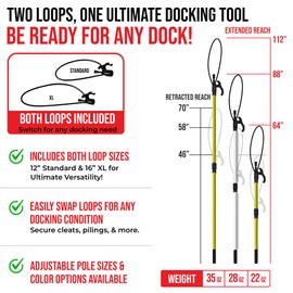 Boat Loop Extendable White Fiberglass Boat Pole with Flexible Std Loop & Quick-Lock System - Selectable Pole Length with Rubber Guard for Docks - Marine Rope Hook & Line Handling Tool