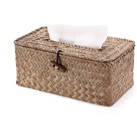 Shonmogar Tissue Box Cover Rectangle Seagrass Tissue Box, Woven Tissue Box Holder with Lid, Wicker Tissue Holder for Bathroom Toilet Living Room Bedroom Table Desk Home Office Car, Coffee