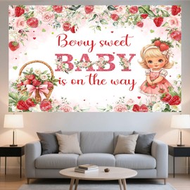 7X5ft Berry Sweet Baby Shower Backdrop Pink Strawberry Floral Princess Theme Photography Background Banner for Gender Reveal Party Decorations, Cute Nursery Party Supplies, Indoor Studio Photo Props