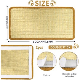 GLURIZ 2pcs Rascadores para Gato, Tapetes Rascadores para Gatos, Protector de Sofá de Sisal Natural para Rascar Gatos, Tapete Scratcher de Velcro para Gatos, Rascador para Gato 50 * 25cm, Naturel