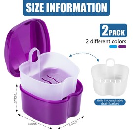 KISEER KISEER 2 Pack Colors Denture Bath Case Cup Box Holder Storage Soak Container with Strainer Basket for Travel Cleaning (Light Blue and Purple)