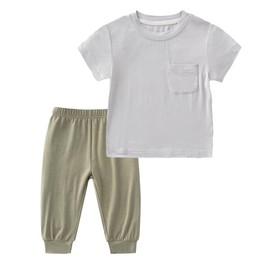 SUZEL Baby Boys Viscose from Bamboo Clothes Set Infant Toddler Summer 2-Piece Short Sleeve and Pant Set Playwear(Grey & Light Green, 12-18 Months)