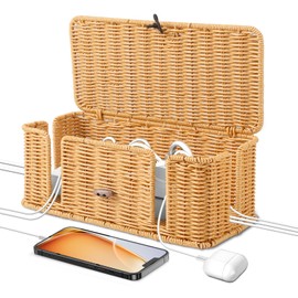 Handmade Cable Box, Rattan Cable Management Box, Under Desk Cable Organiser Box, Generic, 4 Open Slots Cable Hidden Box, Suitable for Hiding, Organising, Desk Socket Box