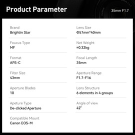 Brightin Star 35mm F1.7 Large Aperture APS-C Manual Focus Prime Fixed Mirrorless Camera Lens, Fit for Canon EOS-M Mount M, M2, M3, M5, M6, M10, M100, M50, M200 (Silver)