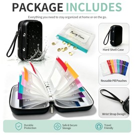 Travel Pill Organizer with 14 Reusable Pill Pouches,Black Hard Shell Case