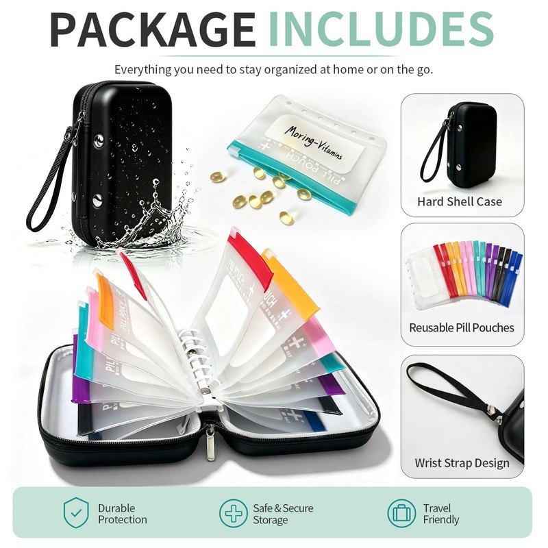 Travel Pill Organizer with 14 Reusable Pill Pouches,Black Hard Shell